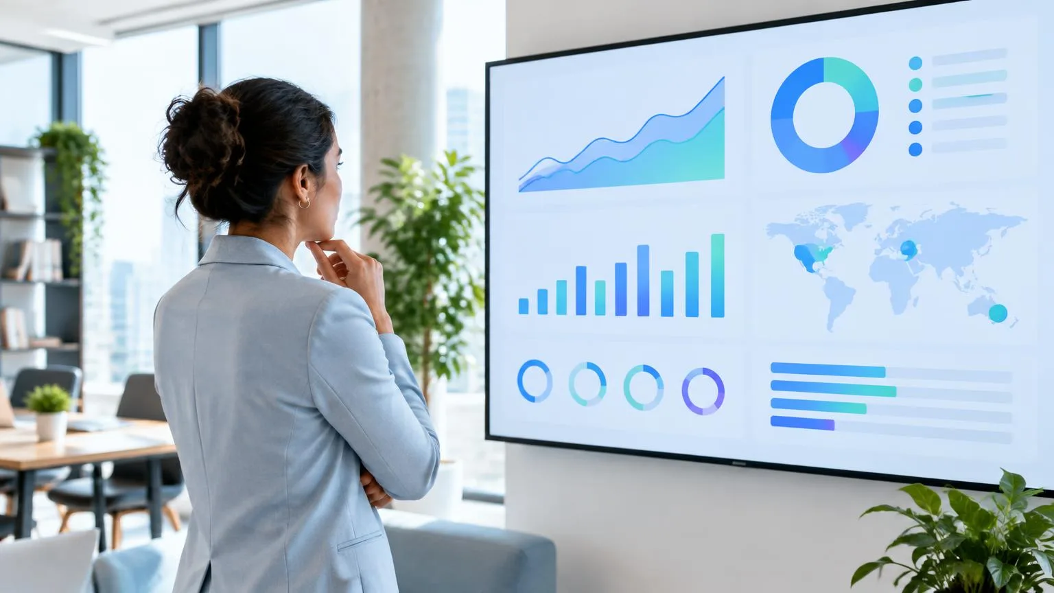 A marketing manager reviews an analytics dashboard on a large screen.