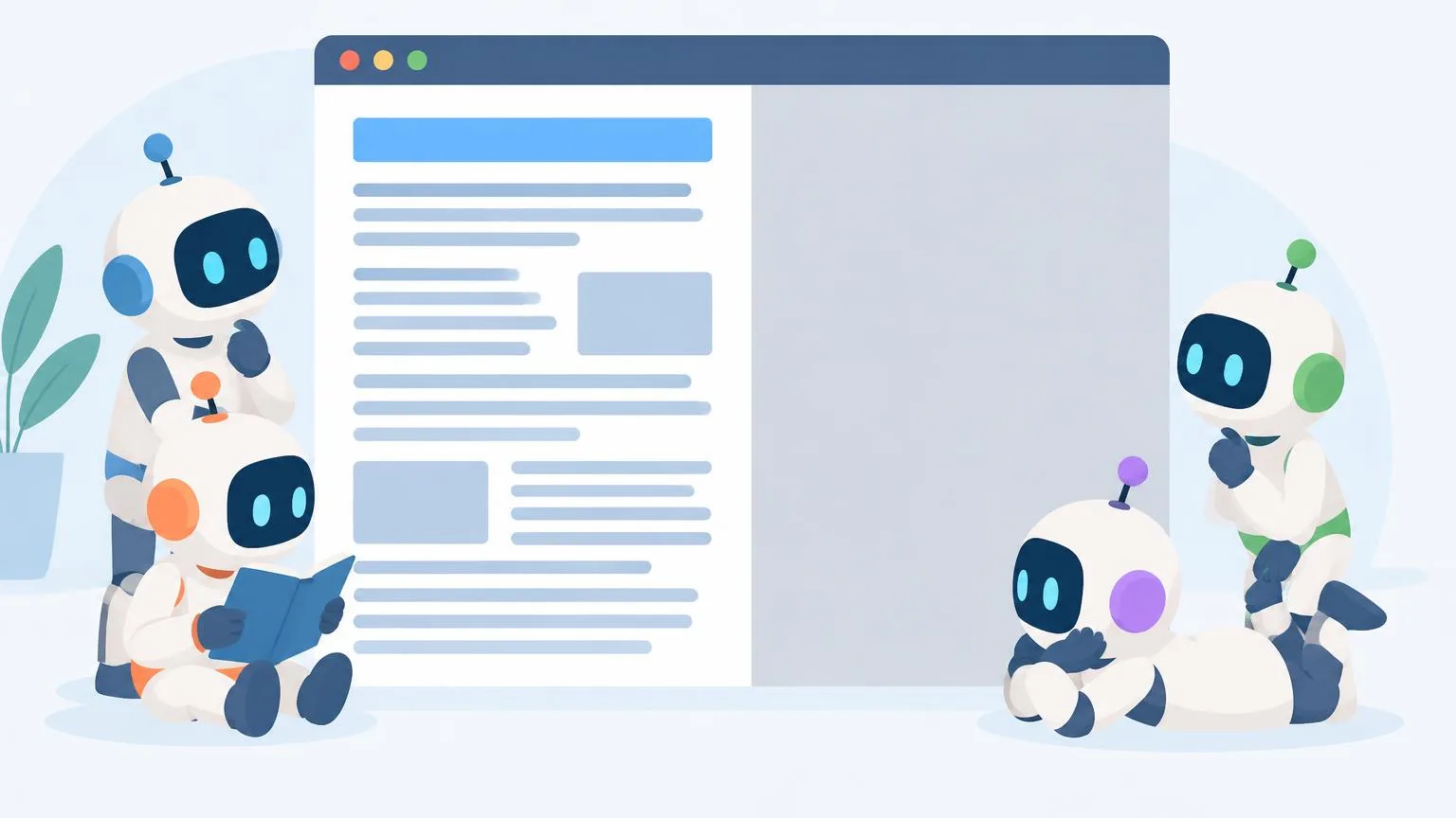Small abstract robots reading a web page that is half full of text and half empty and greyed out.